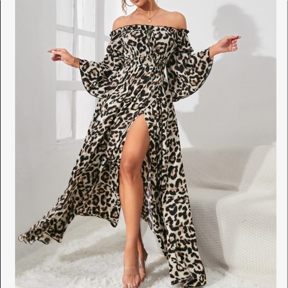 Boho Leopard Print Off Shoulder Slit Maxi Smocked Waist Dress - Picture 4 of 6